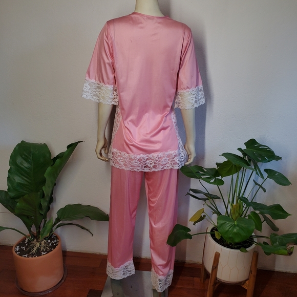 Vintage 60s Pajamas Set Pants Lace Pink - Picture 2 of 9